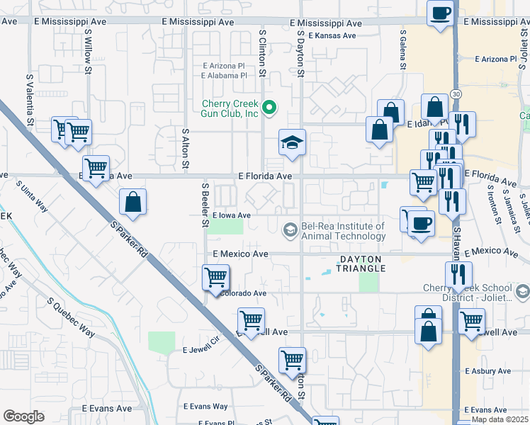 map of restaurants, bars, coffee shops, grocery stores, and more near 9579 East Iowa Circle in Denver