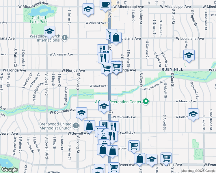 map of restaurants, bars, coffee shops, grocery stores, and more near 1635 South Federal Boulevard in Denver