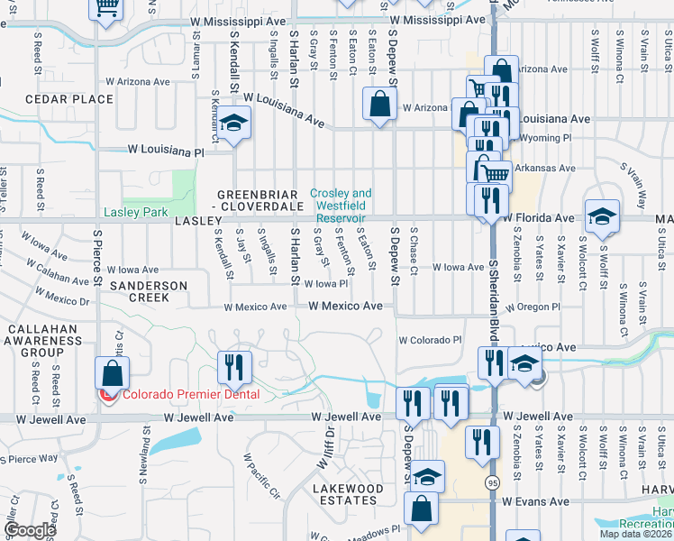 map of restaurants, bars, coffee shops, grocery stores, and more near 1600 South Fenton Street in Lakewood