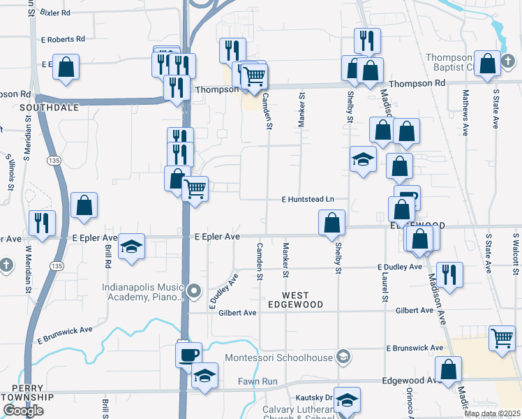 map of restaurants, bars, coffee shops, grocery stores, and more near 5131 Camden Street in Indianapolis