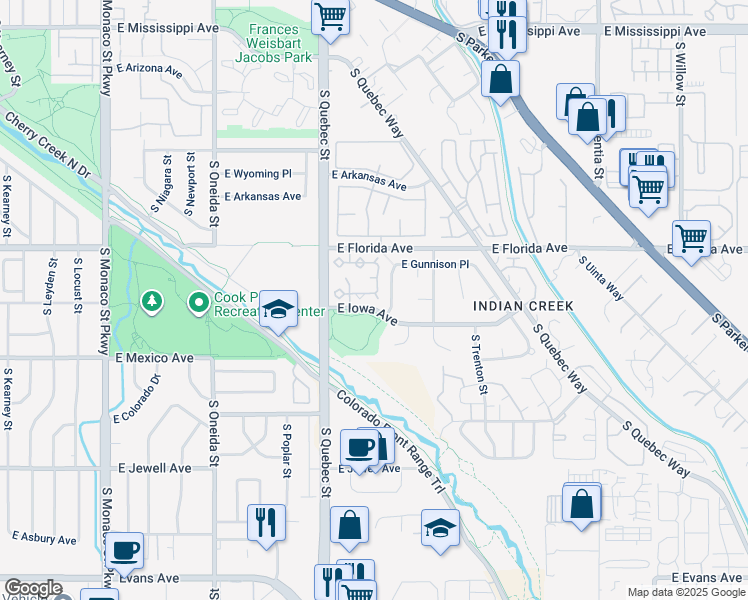 map of restaurants, bars, coffee shops, grocery stores, and more near 7373 East Iowa Avenue in Denver
