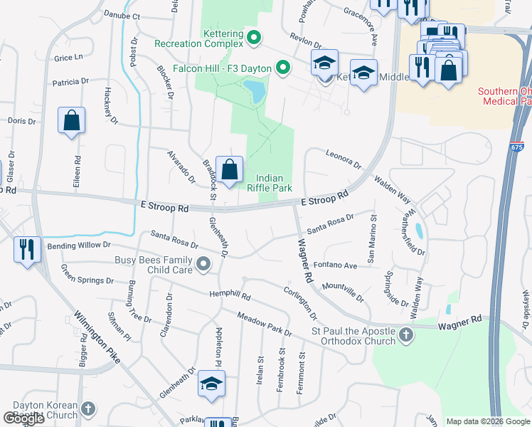 map of restaurants, bars, coffee shops, grocery stores, and more near 2830 East Stroop Road in Dayton