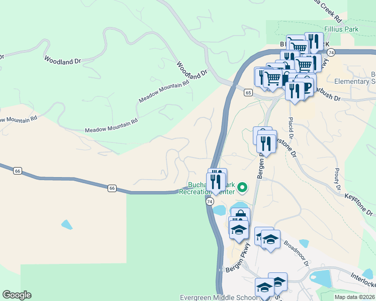 map of restaurants, bars, coffee shops, grocery stores, and more near 32351 Little Bear Court in Evergreen