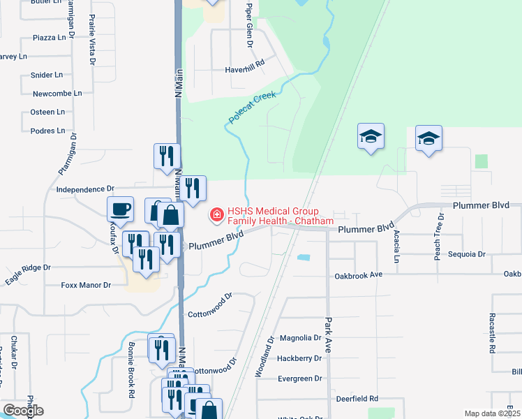 map of restaurants, bars, coffee shops, grocery stores, and more near 321 Boulder Creek Drive in Chatham