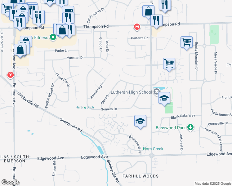 map of restaurants, bars, coffee shops, grocery stores, and more near 5519 Meckes Lane in Indianapolis