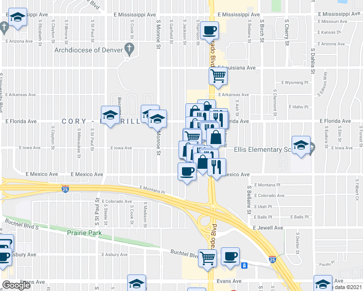 map of restaurants, bars, coffee shops, grocery stores, and more near 1595 South Jackson Street in Denver