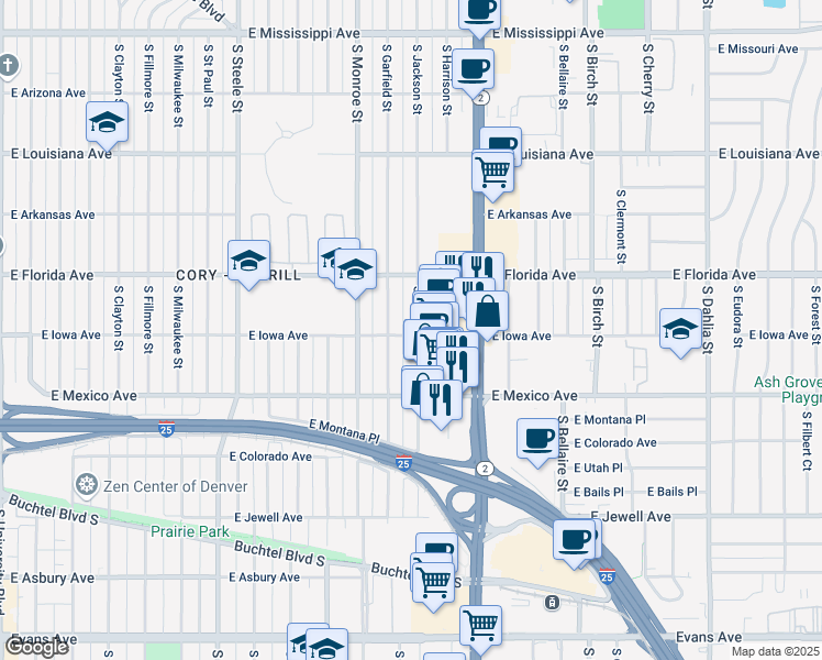 map of restaurants, bars, coffee shops, grocery stores, and more near 1595 South Jackson Street in Denver