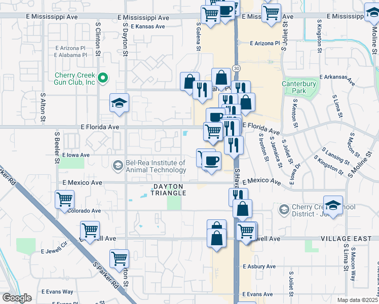 map of restaurants, bars, coffee shops, grocery stores, and more near 1539 South Galena Way in Aurora
