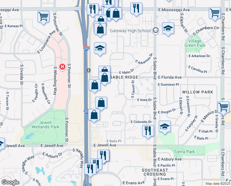 map of restaurants, bars, coffee shops, grocery stores, and more near 14052 East Iowa Drive in Aurora