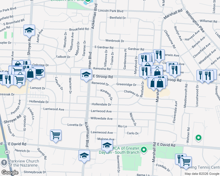 map of restaurants, bars, coffee shops, grocery stores, and more near 966 Renwood Drive in Kettering