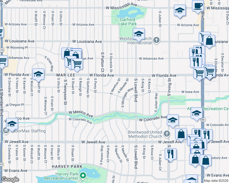 map of restaurants, bars, coffee shops, grocery stores, and more near 1623 South Meade Street in Denver