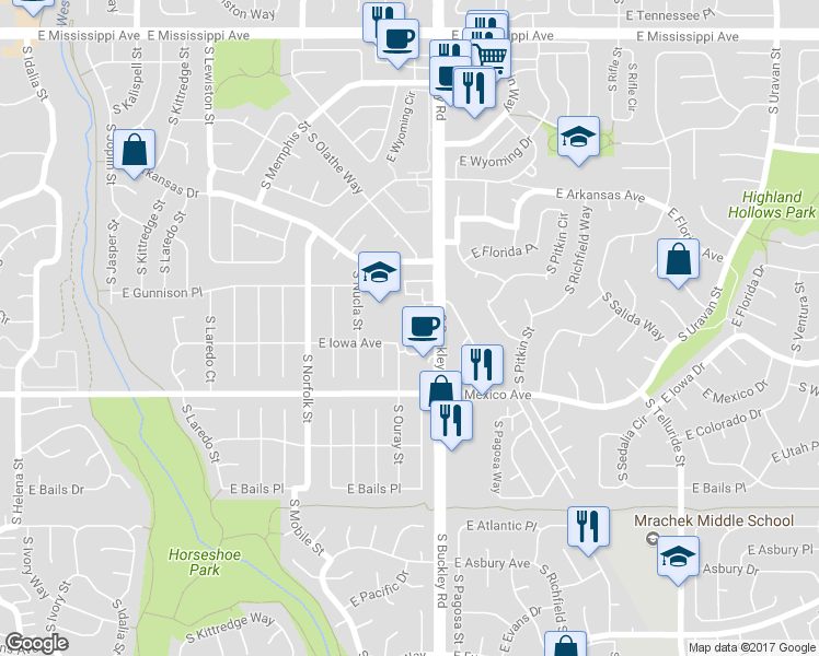 map of restaurants, bars, coffee shops, grocery stores, and more near 16811 East Hawaii Drive in Aurora