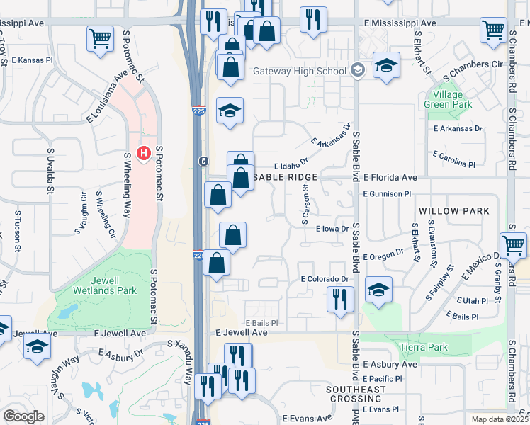 map of restaurants, bars, coffee shops, grocery stores, and more near 14072 East Iowa Drive in Aurora