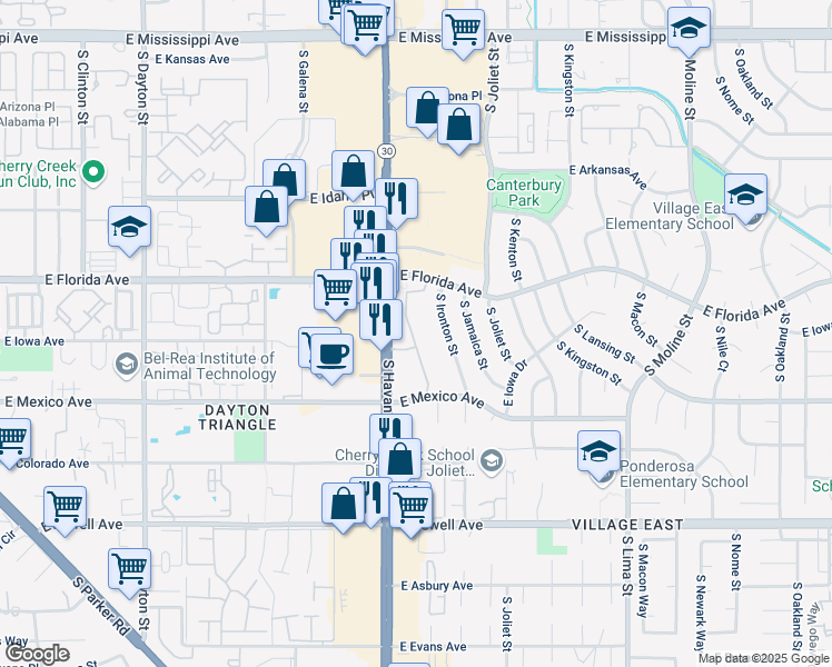 map of restaurants, bars, coffee shops, grocery stores, and more near 1625 South Iola Street in Aurora