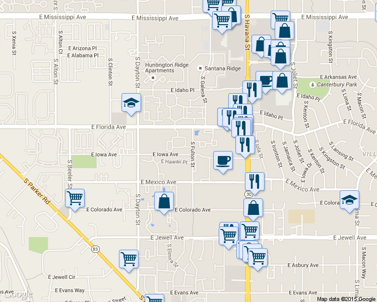 map of restaurants, bars, coffee shops, grocery stores, and more near 10097 East Hawaii Place in Denver