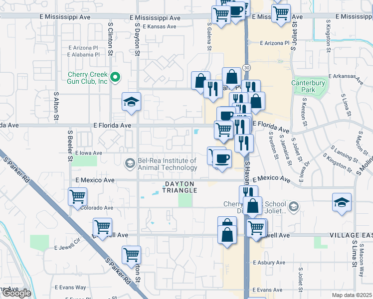 map of restaurants, bars, coffee shops, grocery stores, and more near 10097 East Hawaii Place in Denver