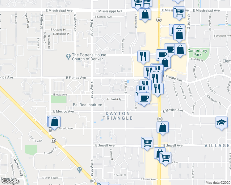 map of restaurants, bars, coffee shops, grocery stores, and more near 9955 East Hawaii Place in Denver