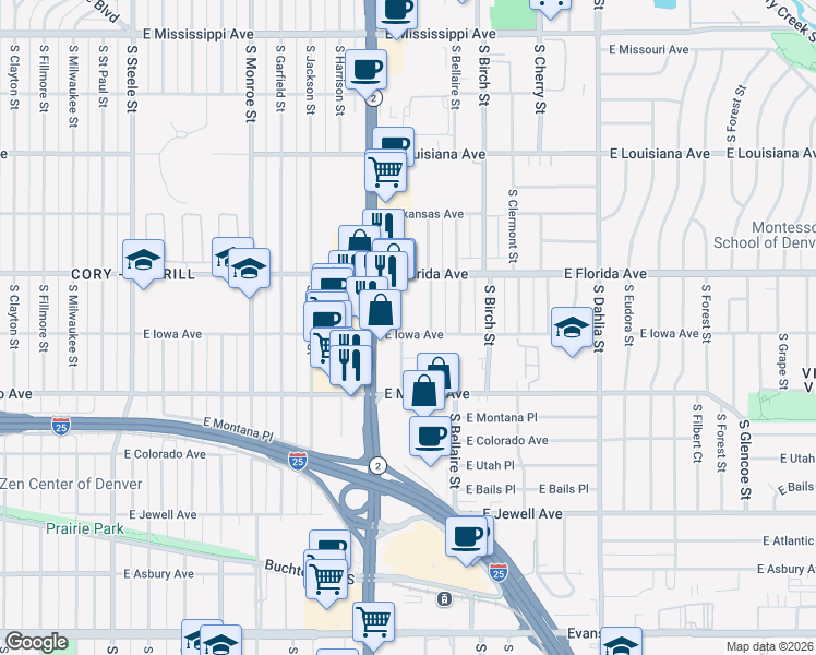 map of restaurants, bars, coffee shops, grocery stores, and more near 4101 East Iowa Avenue in Denver