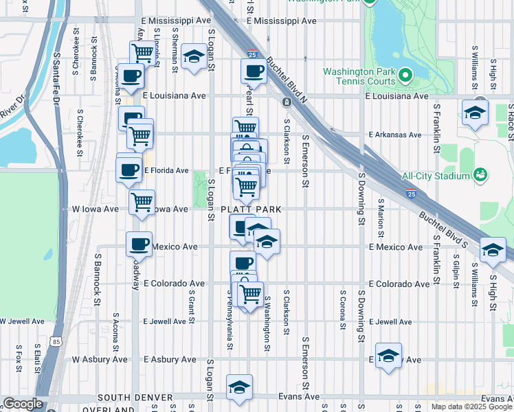 map of restaurants, bars, coffee shops, grocery stores, and more near in Denver