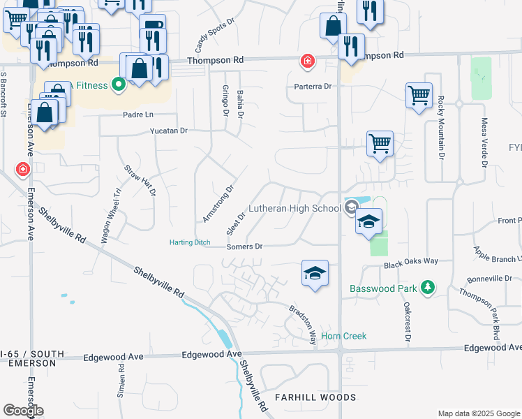 map of restaurants, bars, coffee shops, grocery stores, and more near 5519 Meckes Lane in Indianapolis