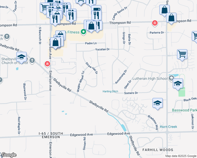 map of restaurants, bars, coffee shops, grocery stores, and more near 5517 Straw Hat Drive in Indianapolis