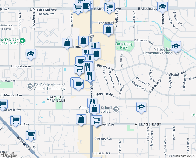 map of restaurants, bars, coffee shops, grocery stores, and more near 1625 South Iola Street in Aurora