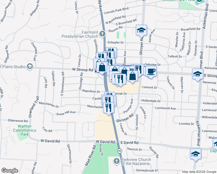 map of restaurants, bars, coffee shops, grocery stores, and more near 4120 Far Hills Avenue in Dayton