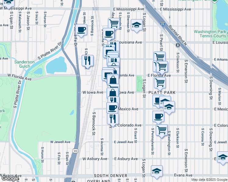 map of restaurants, bars, coffee shops, grocery stores, and more near 1631 South Lincoln Street in Denver