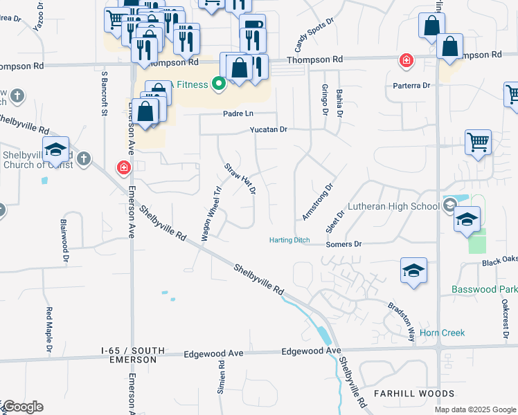 map of restaurants, bars, coffee shops, grocery stores, and more near 5517 Straw Hat Drive in Indianapolis