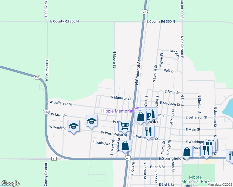 map of restaurants, bars, coffee shops, grocery stores, and more near 219 West Madison Street in Arcola