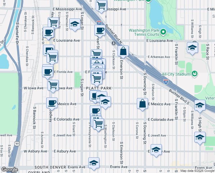 map of restaurants, bars, coffee shops, grocery stores, and more near 1624 South Washington Street in Denver
