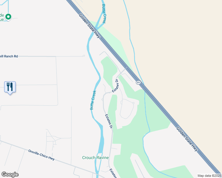 map of restaurants, bars, coffee shops, grocery stores, and more near 127 Estates Drive in Chico