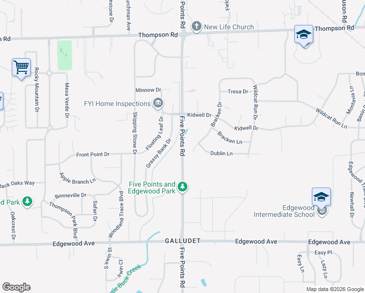 map of restaurants, bars, coffee shops, grocery stores, and more near 5501 Five Points Road in Indianapolis