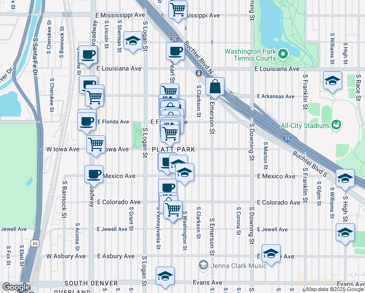 map of restaurants, bars, coffee shops, grocery stores, and more near 1624 South Washington Street in Denver