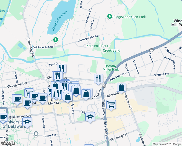 map of restaurants, bars, coffee shops, grocery stores, and more near 18 Terrace Drive in Newark