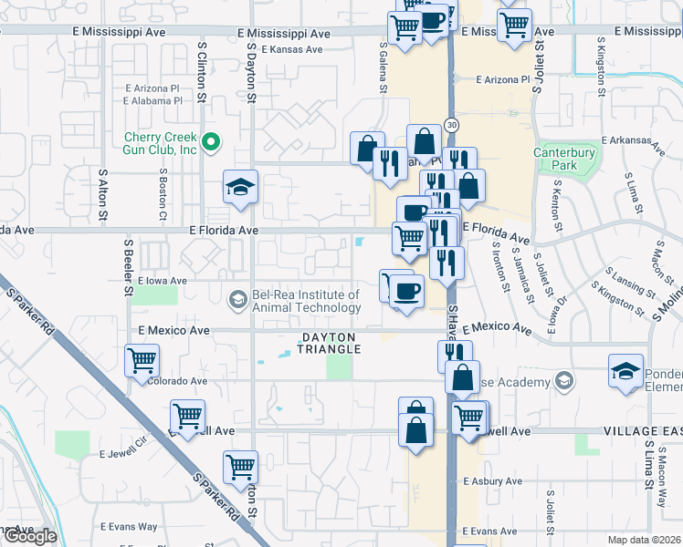 map of restaurants, bars, coffee shops, grocery stores, and more near 10097 East Hawaii Place in Denver