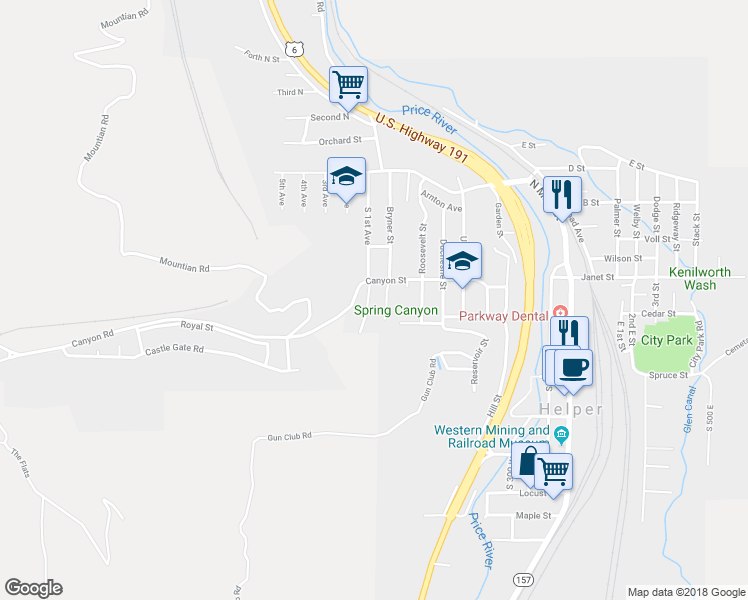 map of restaurants, bars, coffee shops, grocery stores, and more near 15 Fabrizio Street in Helper