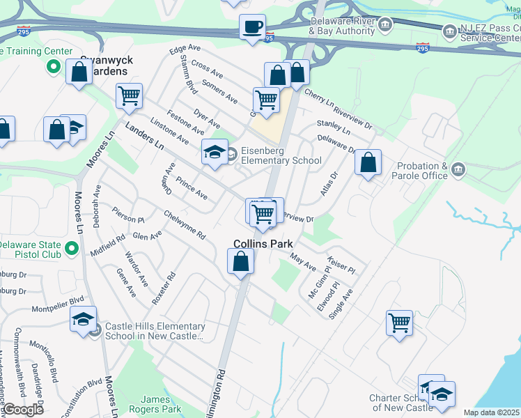 map of restaurants, bars, coffee shops, grocery stores, and more near 10 Landers Lane in New Castle
