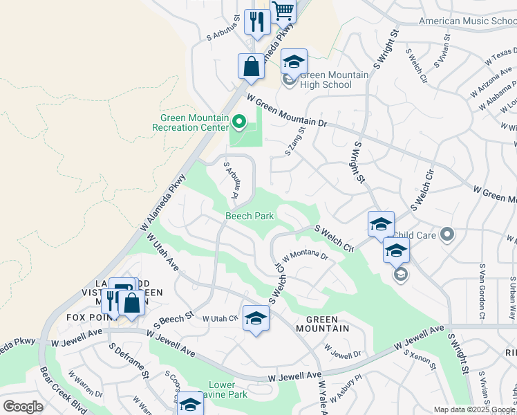 map of restaurants, bars, coffee shops, grocery stores, and more near 1682 South Beech Street in Lakewood