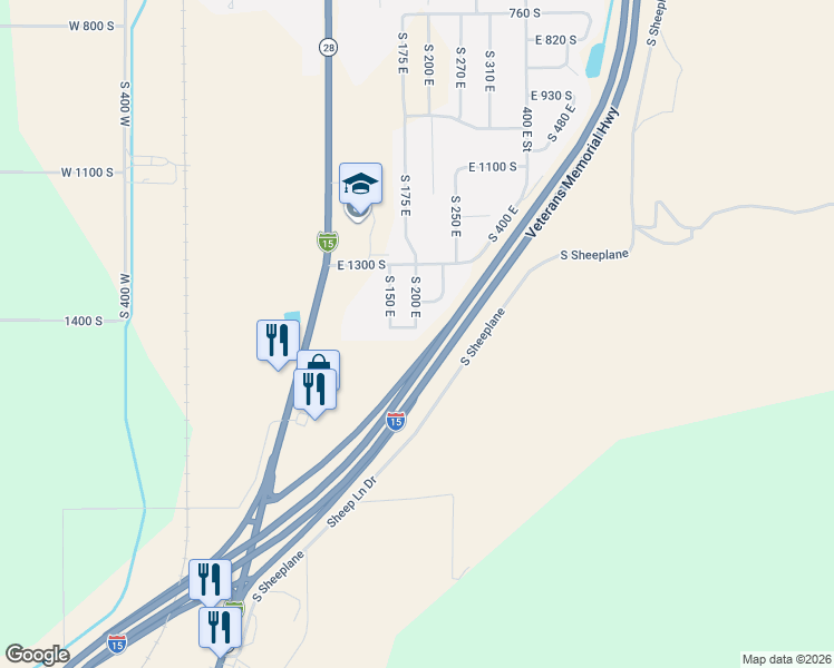 map of restaurants, bars, coffee shops, grocery stores, and more near 198 East 1430 South in Nephi