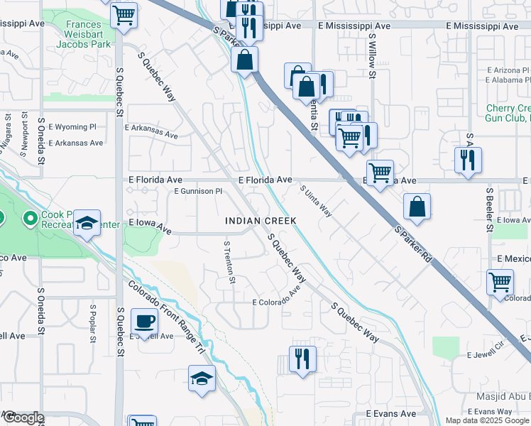 map of restaurants, bars, coffee shops, grocery stores, and more near 1600 South Quebec Way in Denver