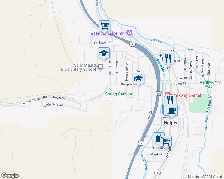 map of restaurants, bars, coffee shops, grocery stores, and more near 15 Fabrizio Street in Helper