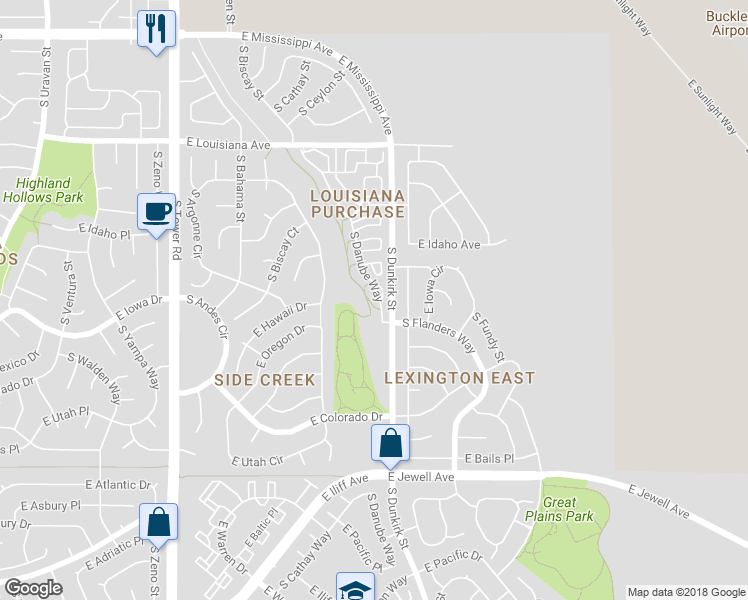 map of restaurants, bars, coffee shops, grocery stores, and more near 1523 South Danube Way in Aurora