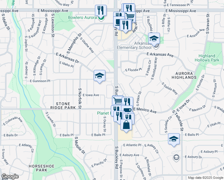 map of restaurants, bars, coffee shops, grocery stores, and more near 1546 South Ouray Circle in Aurora