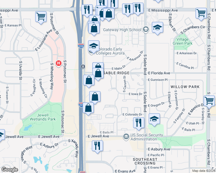 map of restaurants, bars, coffee shops, grocery stores, and more near 14012 East Iowa Drive in Aurora