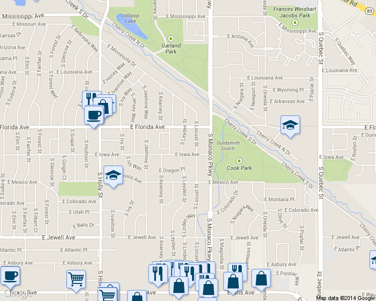map of restaurants, bars, coffee shops, grocery stores, and more near 1543 South Locust Street in Denver