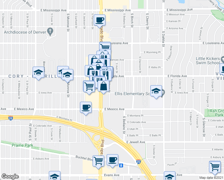 map of restaurants, bars, coffee shops, grocery stores, and more near 1533 South Ash Street in Denver