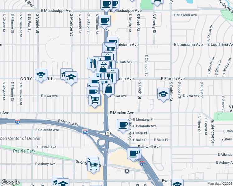 map of restaurants, bars, coffee shops, grocery stores, and more near 1594 South Albion Street in Denver