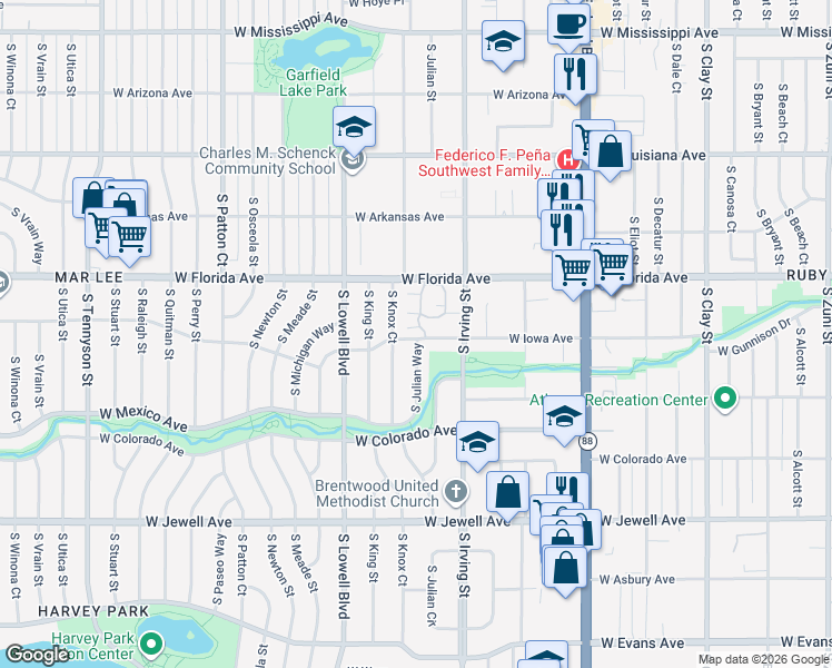 map of restaurants, bars, coffee shops, grocery stores, and more near 3300 West Florida Avenue in Denver