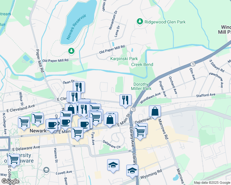 map of restaurants, bars, coffee shops, grocery stores, and more near 18 Terrace Drive in Newark